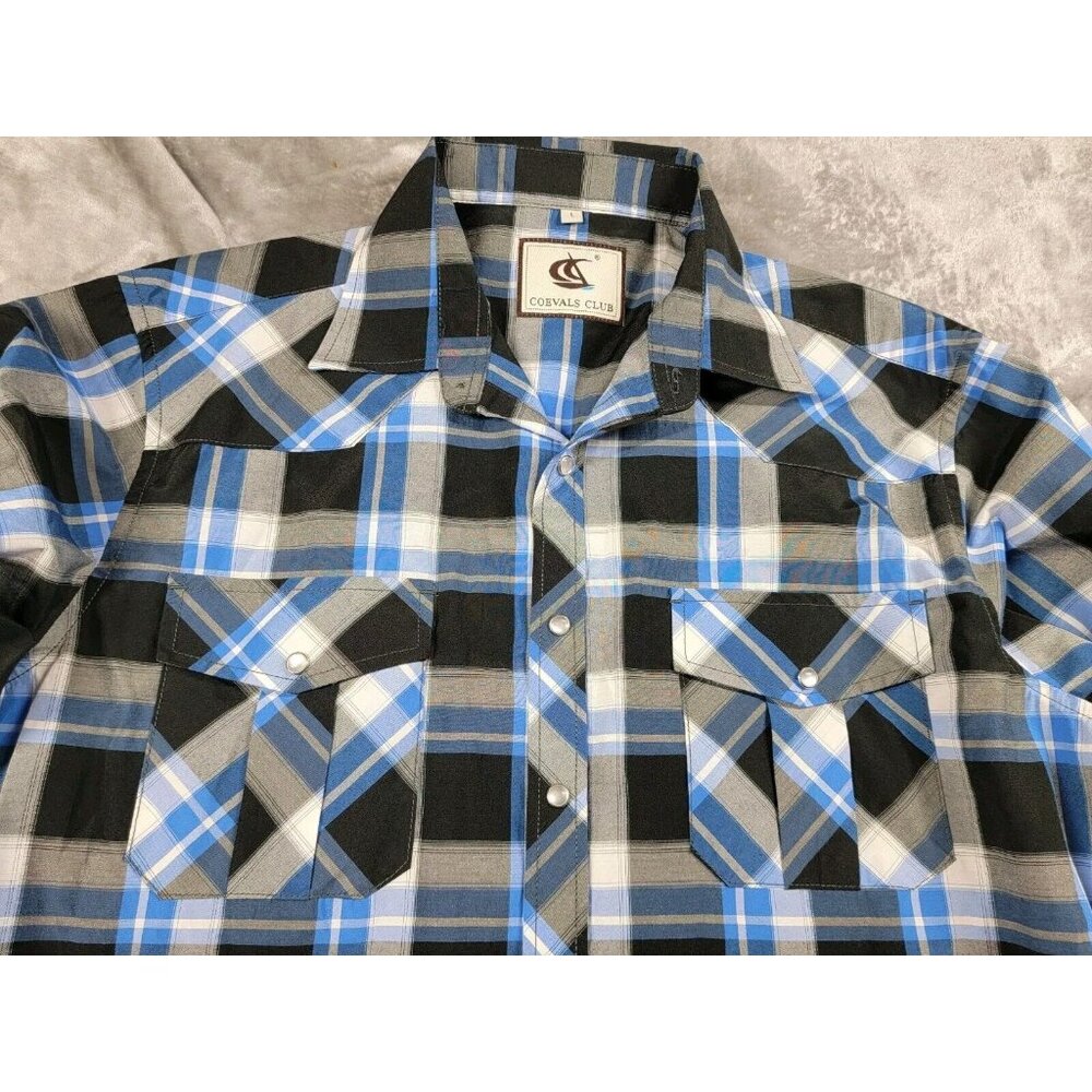 COEVALS‎ CLUB Pearl Snap Shirt Western Roll up Sleeve Large Cowboy Blue Plaid